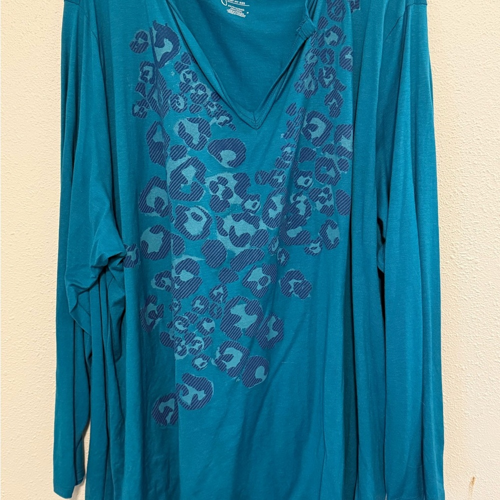 Just My Size Teal Animal Print V-Neck Blouse
